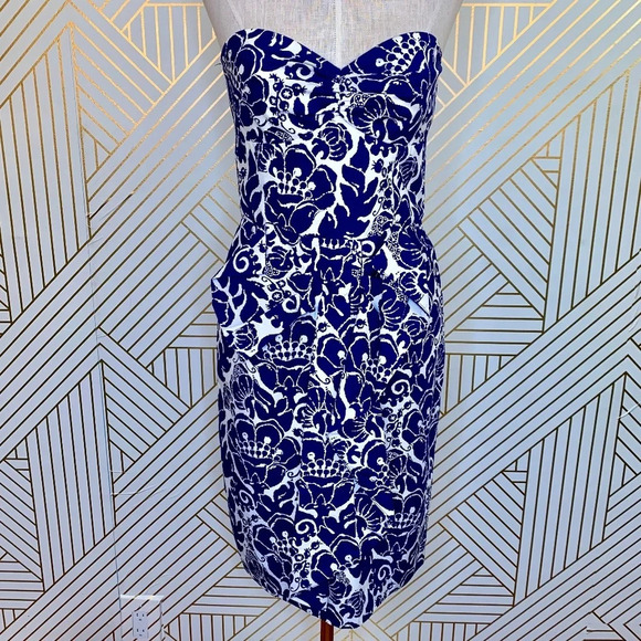 Trina Turk Strapless Navy White Floral Bow Dress - Picture 1 of 8